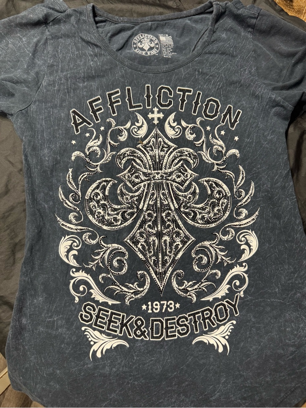 Affliction Women's Black Vintage-Wash Graphic Tee with White Cross Artwork